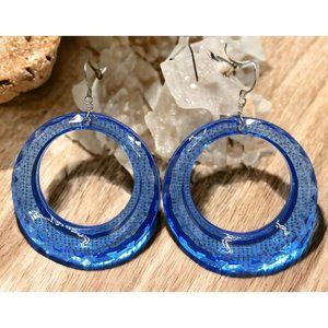 Blue Circles Earrings Vintage Dangle Faceted Style Plastic Retro 80s